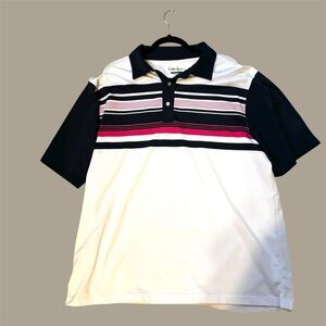 WALTER HAGEN GOLF Shirt Sz XL White W/ Hot Pink, Navy Stripes Hydro/Dry